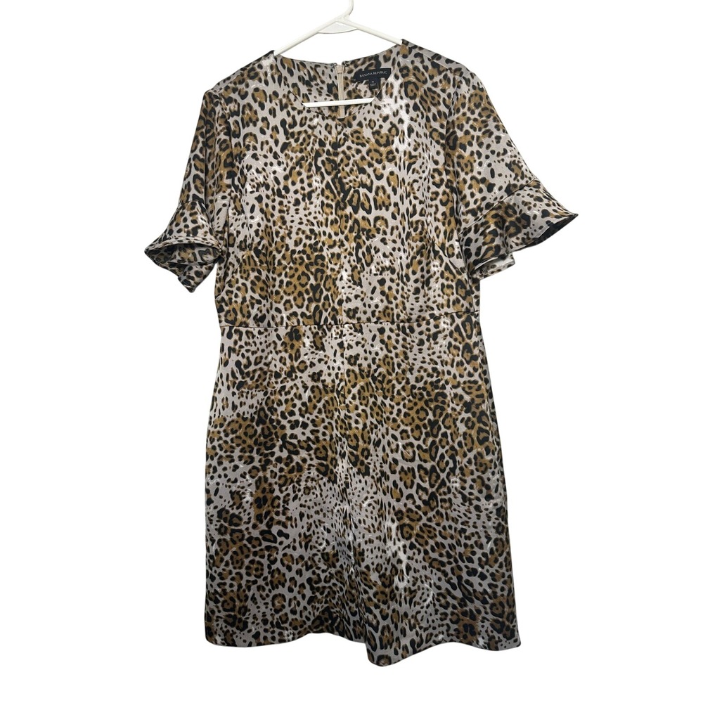 Banana Republic Leopard Print Flutter Sleeve Shift Dress Brown Tan Size 14